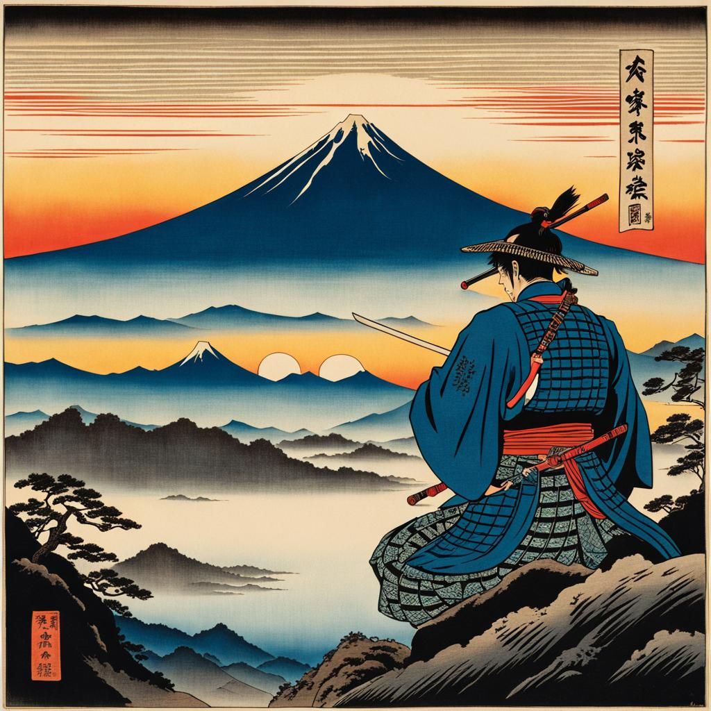 Samurai and Mount Fuji in the style of a Japanese woodblock print, reminiscent of Utagawa Kuniyoshi