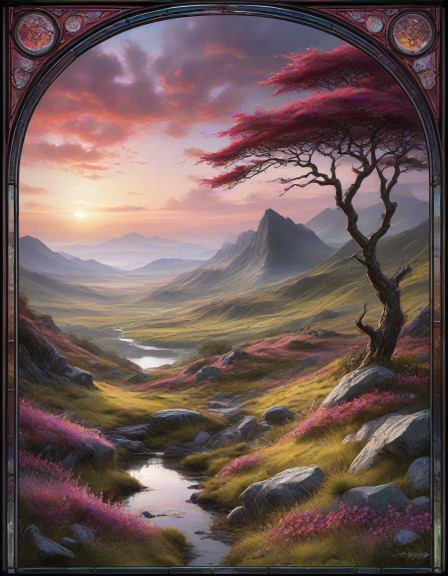 Scottish Moor Landscape in 3D Stained Glass Style