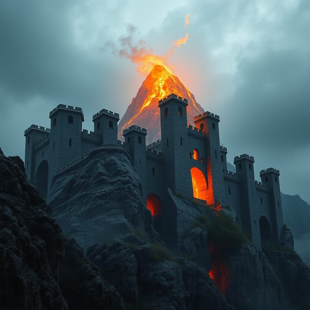 Majestic Stone Fortress in Flames, Moody Mountain Landscape