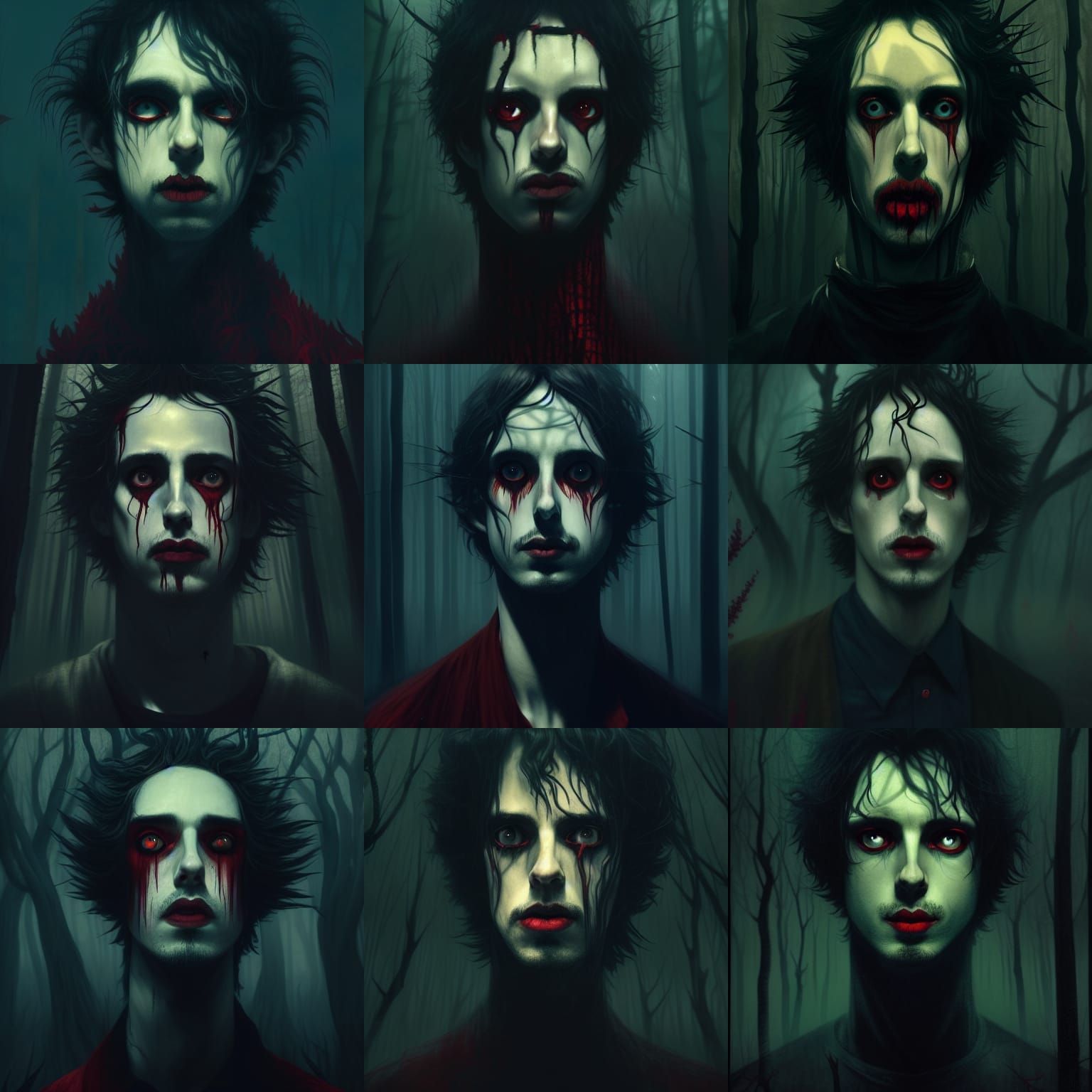 Sinister Portrait in Red Forest, Tim Burton Style