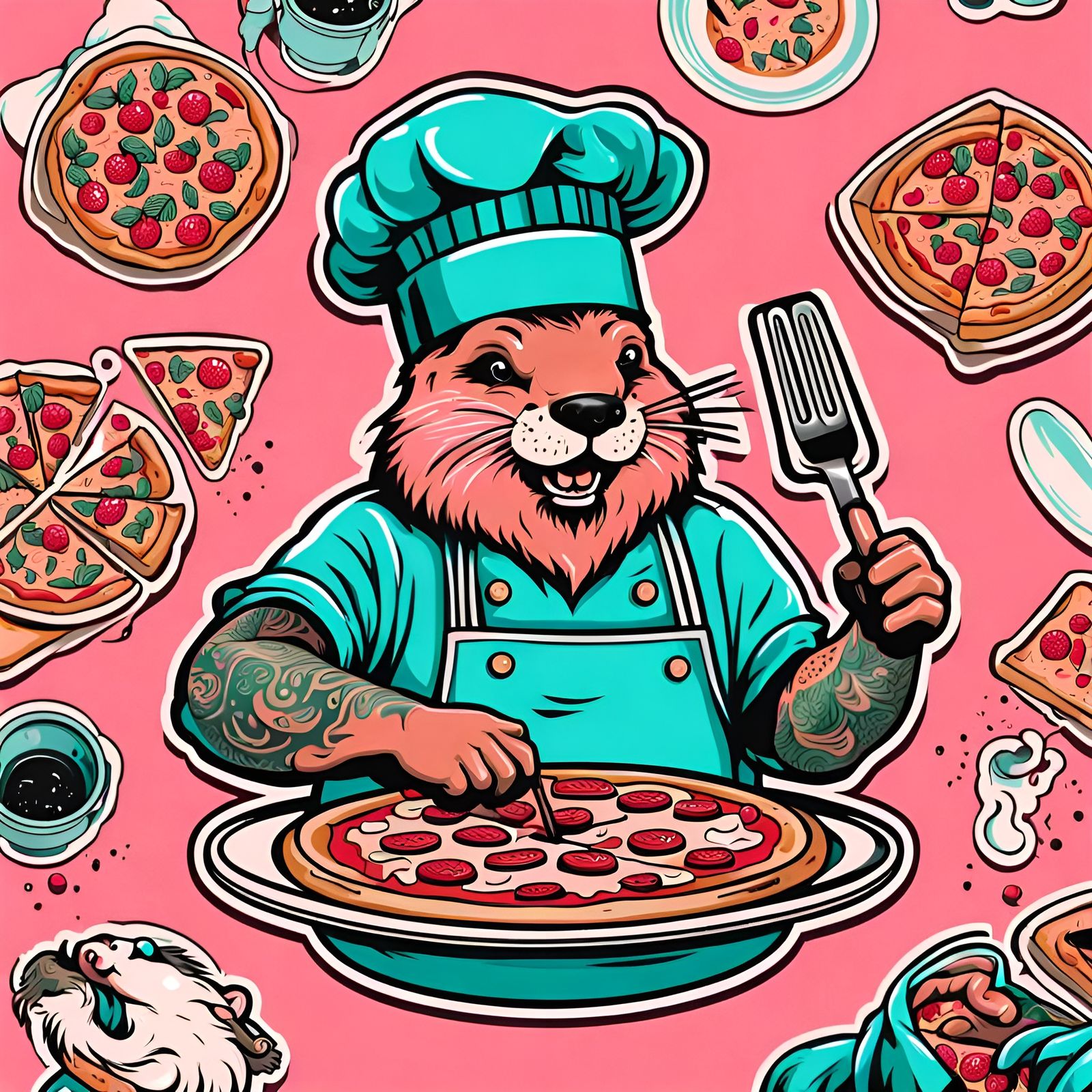 Joyful Beaver Chef Making Pizza Tattoo Sticker