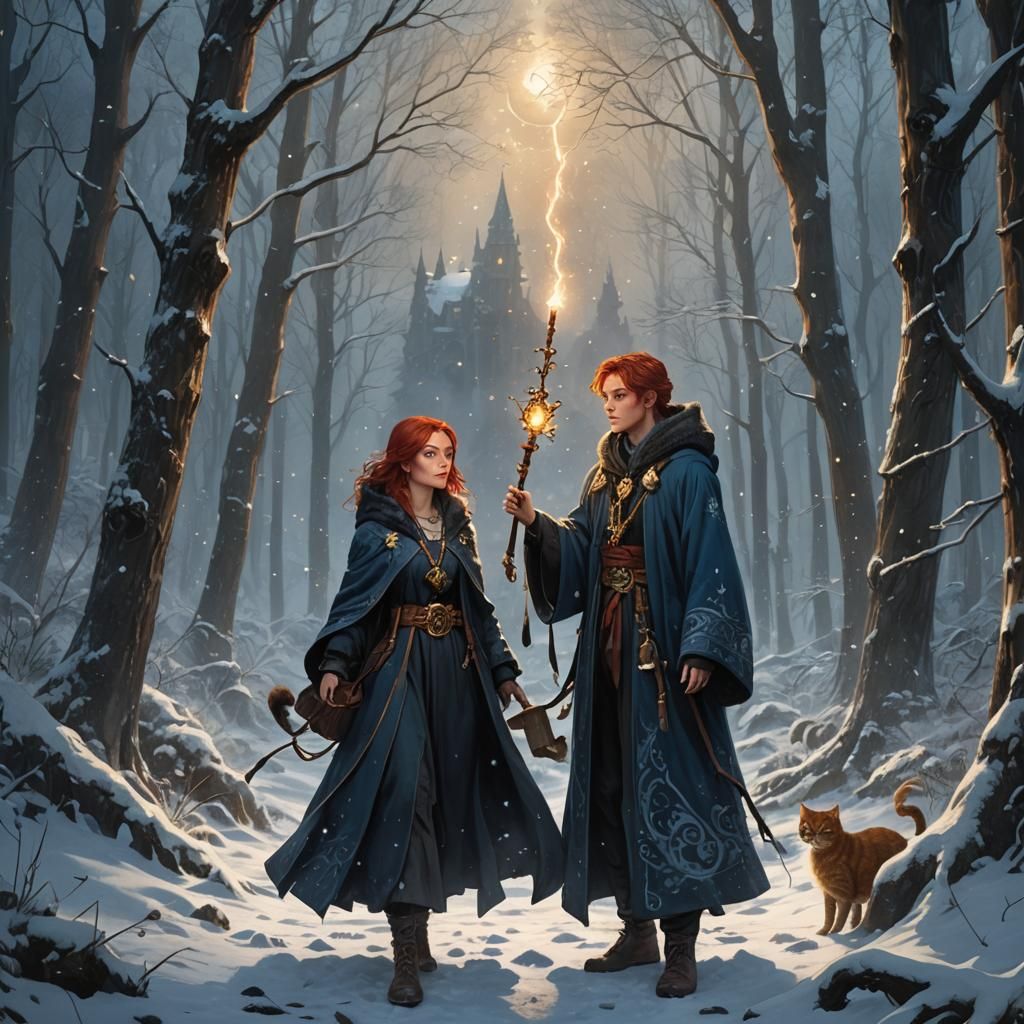 Dark Fantasy Girl with Cat in Snowy Forest