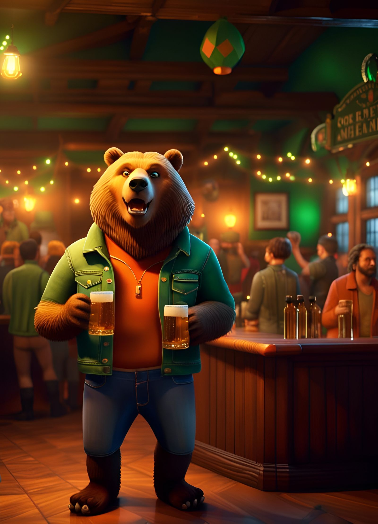 Grizzly Bear Enjoys a Beer in Animated Pub
