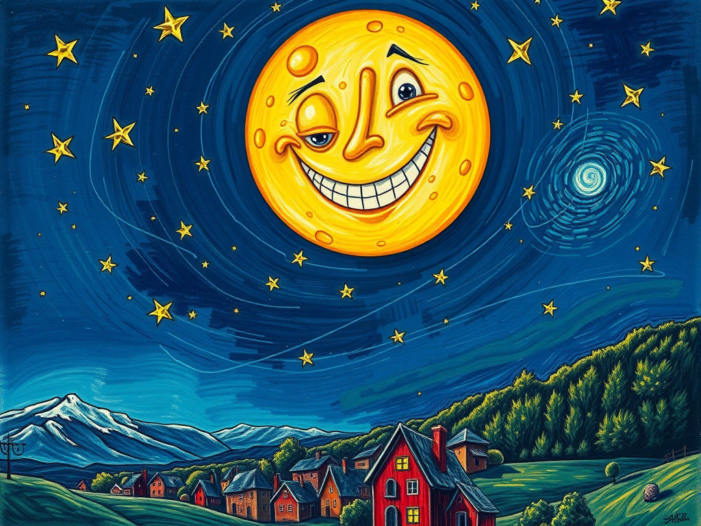 Grinning Swiss Cheese Moon in Starry Night Sky