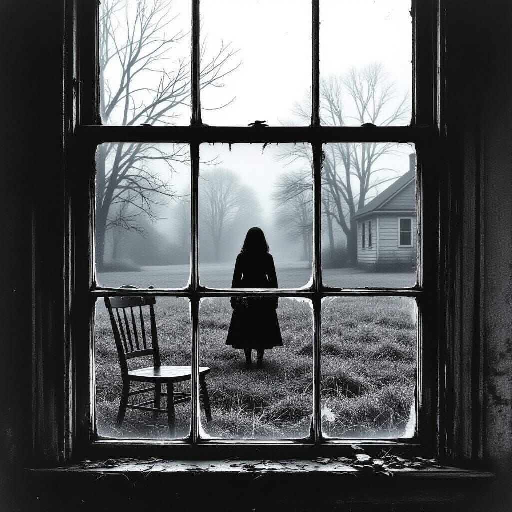 Eerie Girl Behind Antique Window in Monochrome