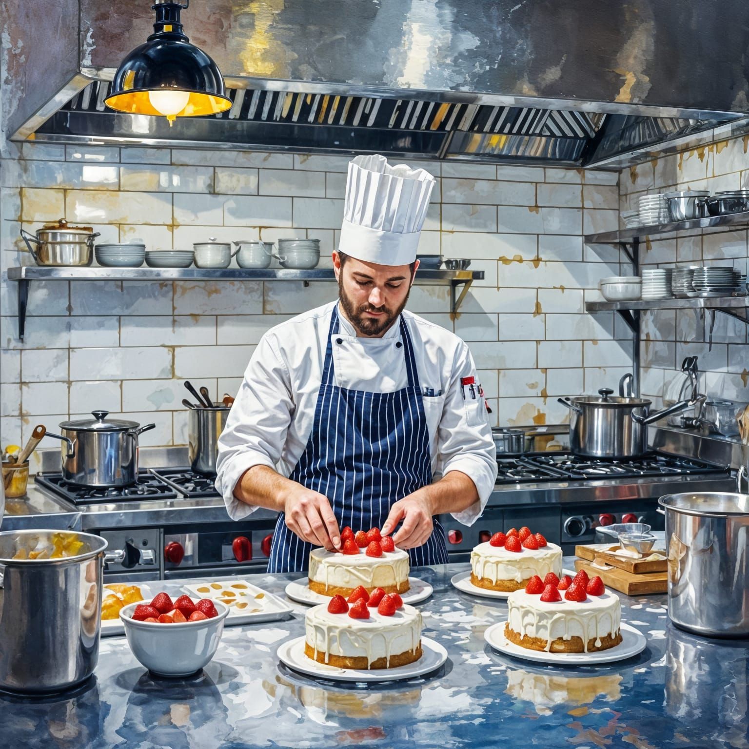Chef Bakes Strawberry Cakes as Gouache Painting