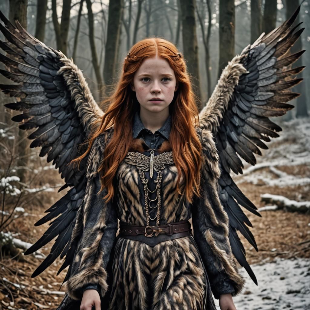Hyperrealistic Ginny Weasley with Wings in Fur Dress