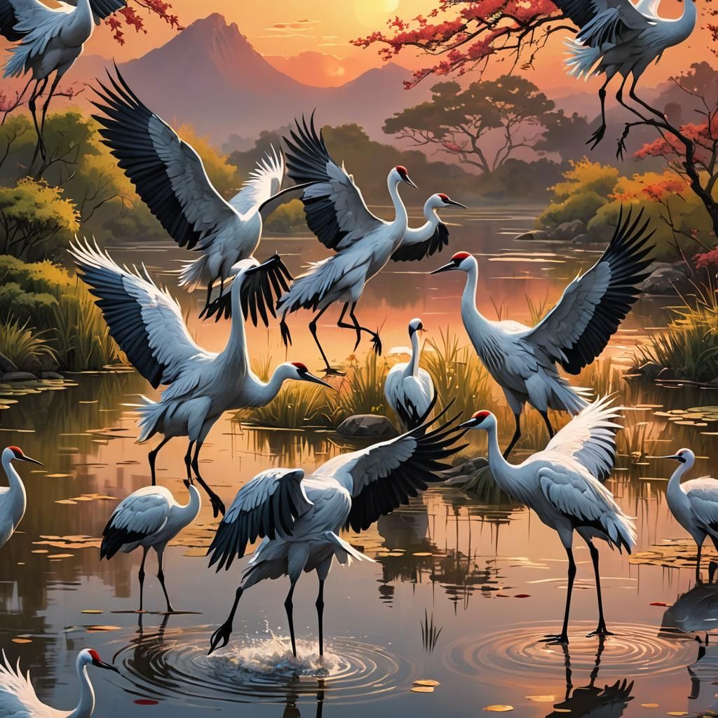 Hyperrealistic Japanese Cranes at Sunset