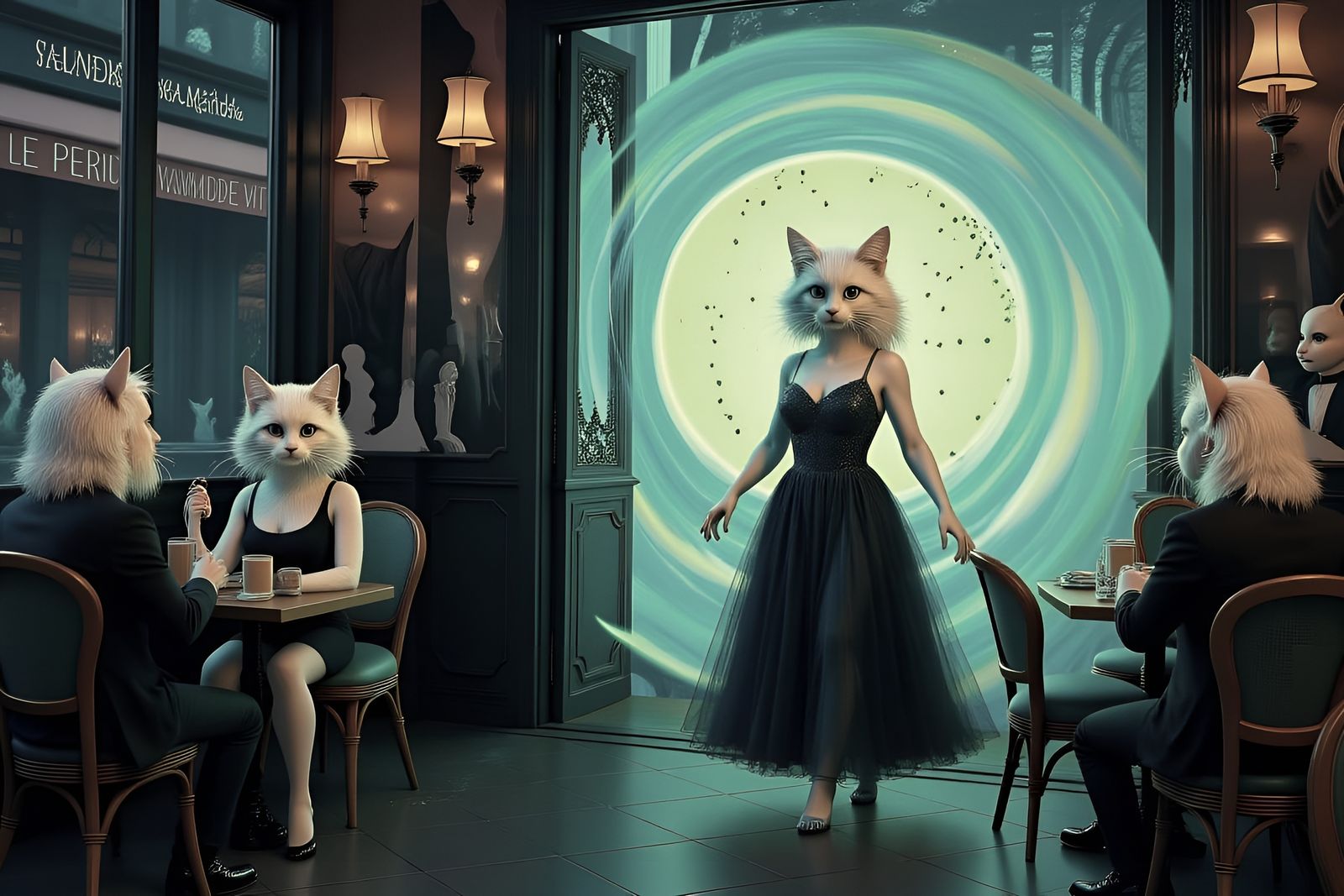 Enchanted Paris Cafe: Feline Transformation in Golden Light