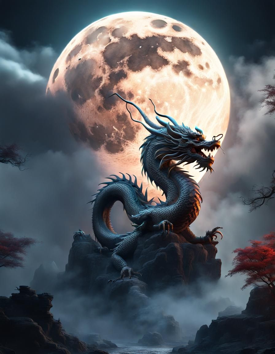 Chinese Dragon Silhouetted Against Silver Moon