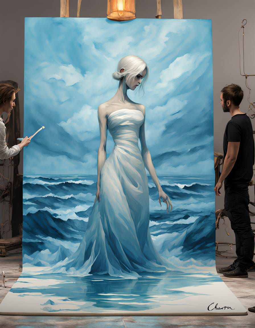 Haunting Seascape Masterpiece as Mannequin Paints Waves