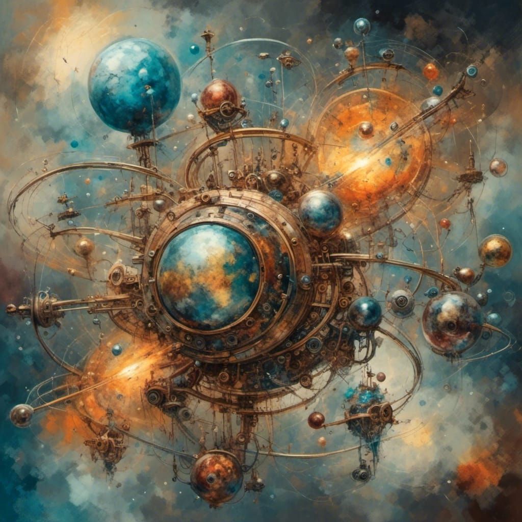 Surreal Atom Amidst Nebula in Vibrant Oil Painting