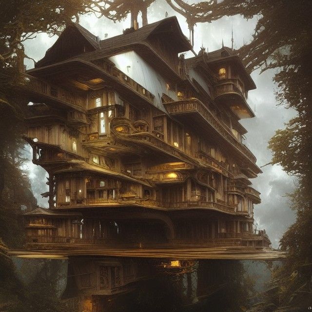 Floating Warped Wooden House, Dark Fantasy Concept Art