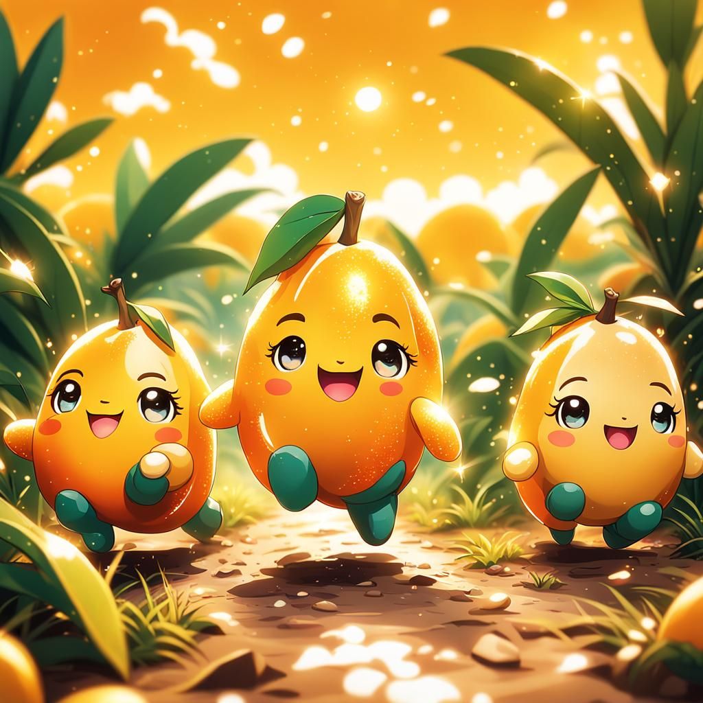 Adorable Chibi Mangos Running in a Field