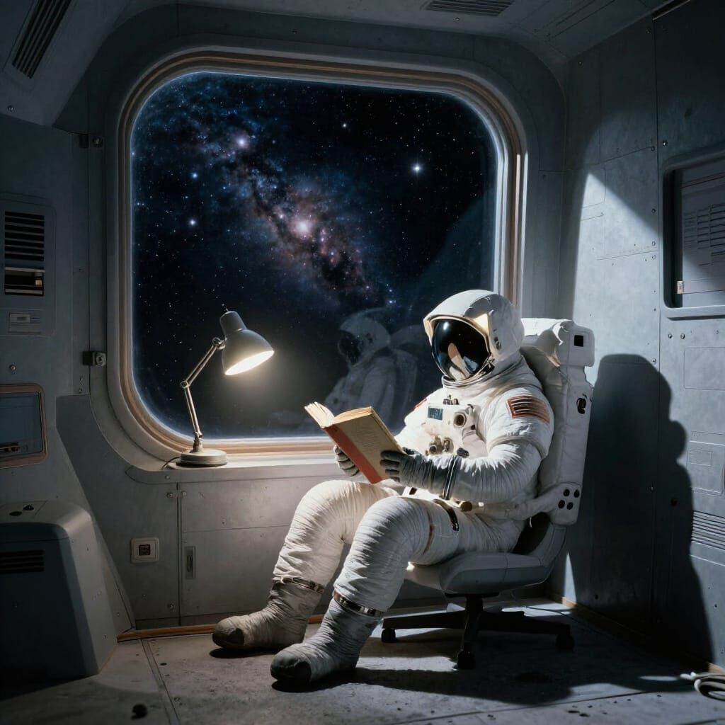Astronaut Reads Book in Lunar Habitat with Starry Void View