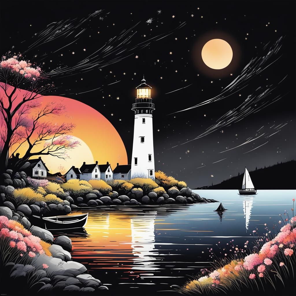 A small, idyllic lighthouse at night.