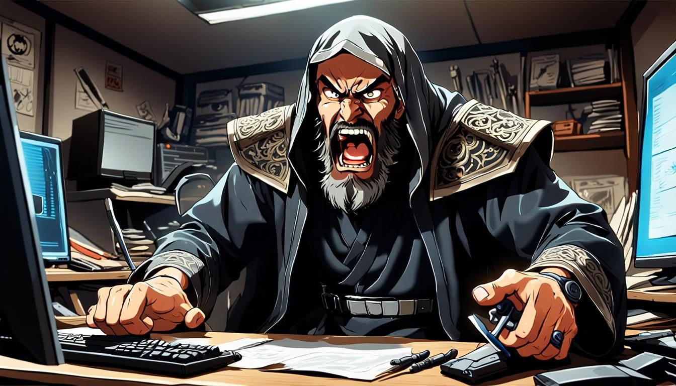 Angry Bearded Man with Knife in Anime Style