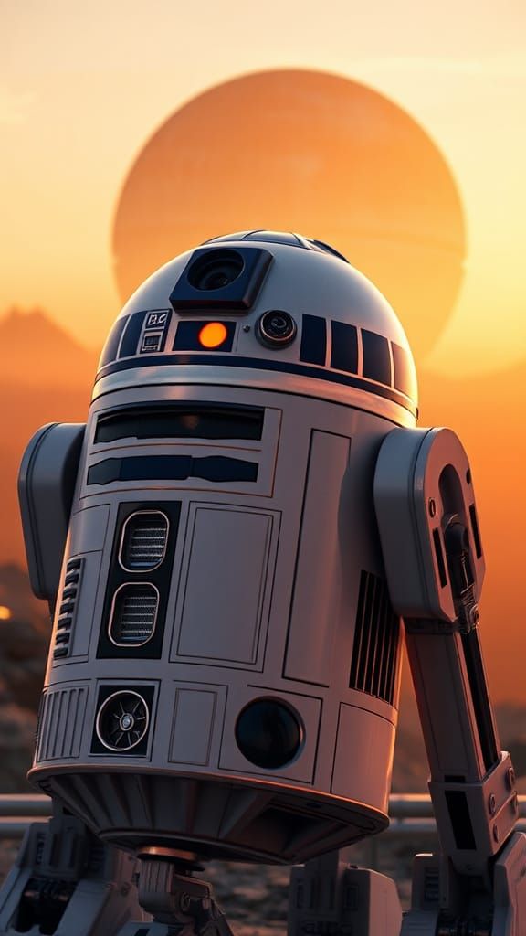 R2D2 Hyperrealistic Portrait at Dusk in 3D Anime Style