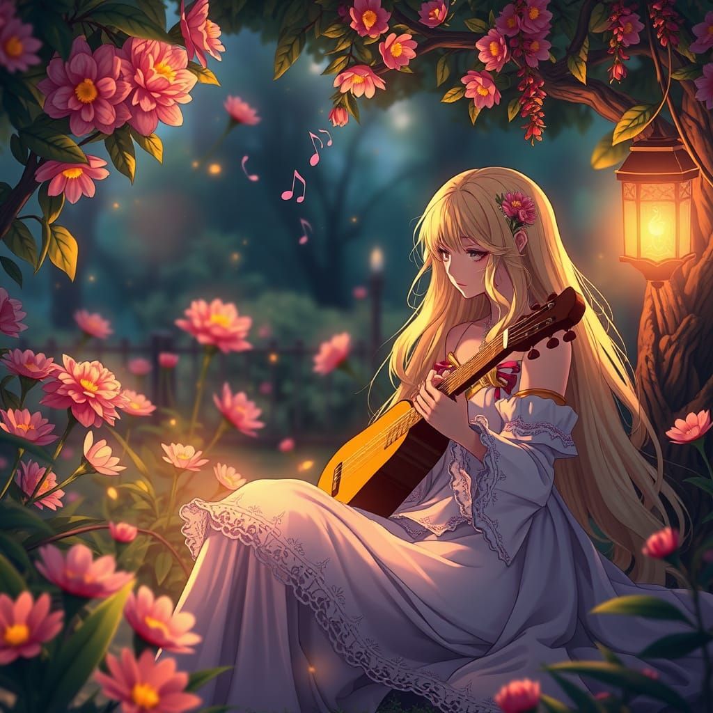 Princess Playing Lute in Enchanted Garden, Anime Style