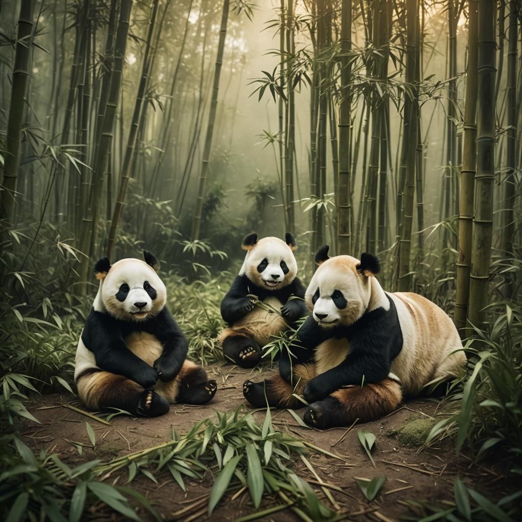 Panda Cuddling Babies in Misty Bamboo Forest