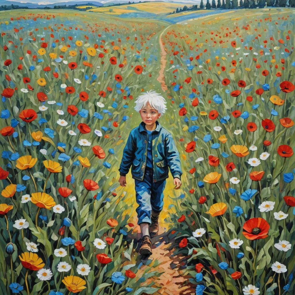 Dandelion Boy in Poppy Field: Expressionist Oil Painting
