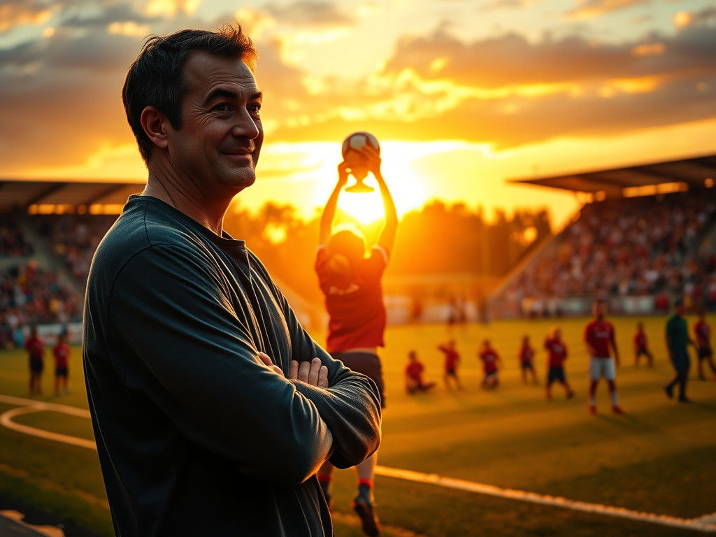 Father's Pride: Soccer Victory at Dusk, Hyperrealistic