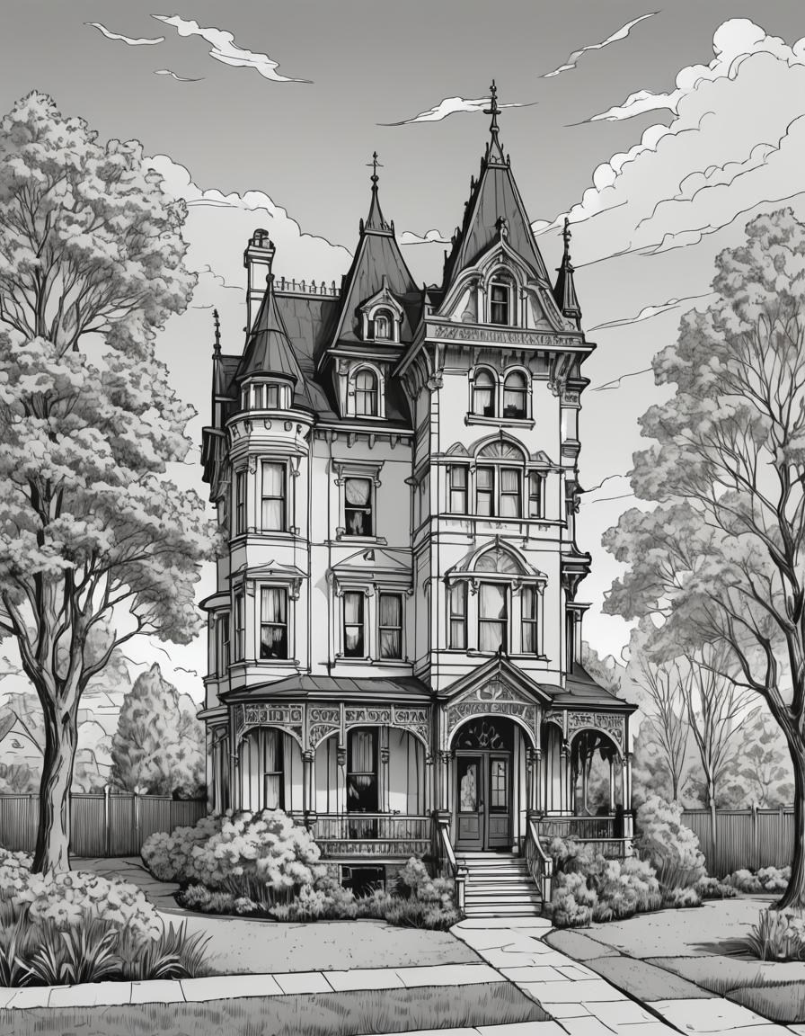 Victorian House Line Art Coloring Book Illustration