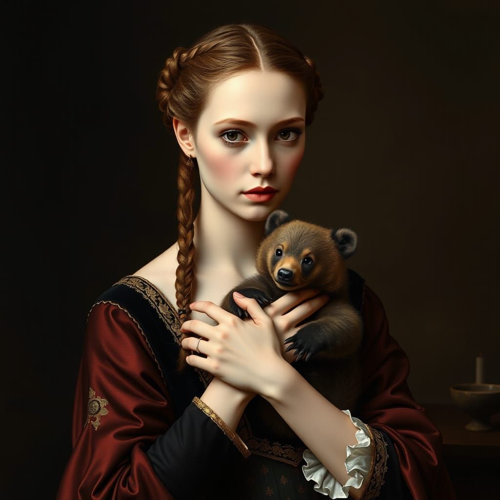 Renaissance Noblewoman Holding Bear Cub Portrait