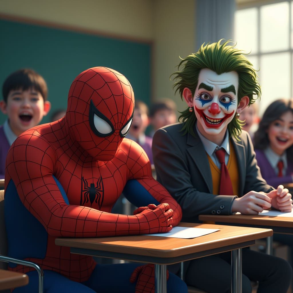 Embarrassed Spider-Man and Joker in Classroom