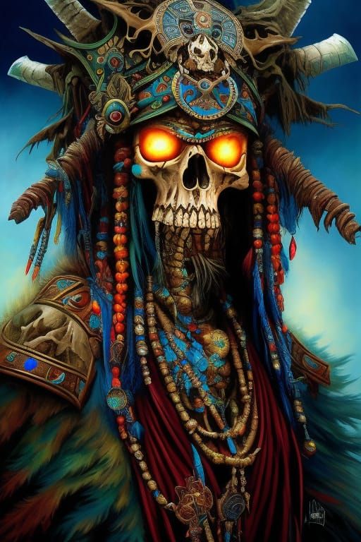 Skeletal Shaman Portrait in Vivid Digital Oil Painting