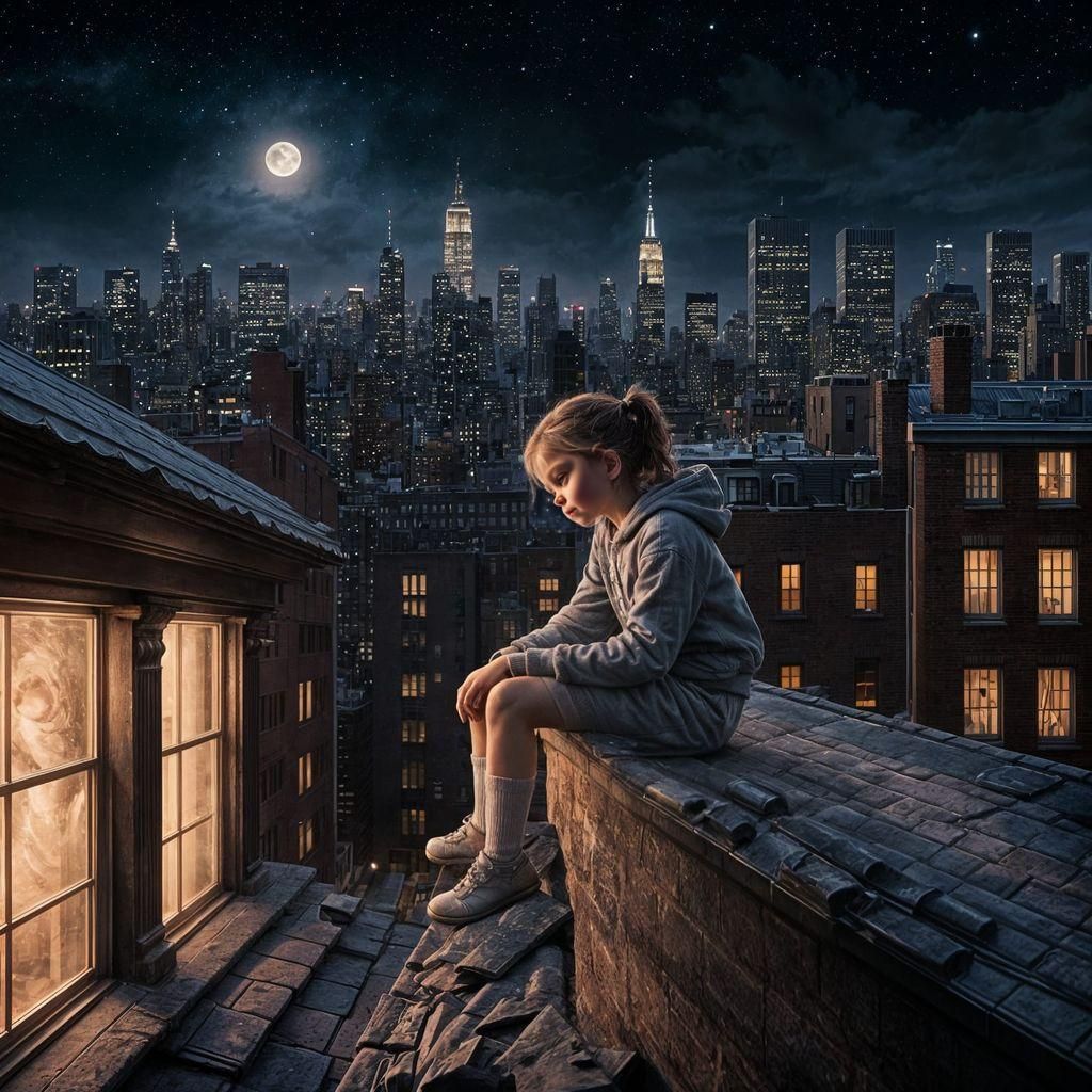 Girl on Rooftop Edge Under Swirling Stars
