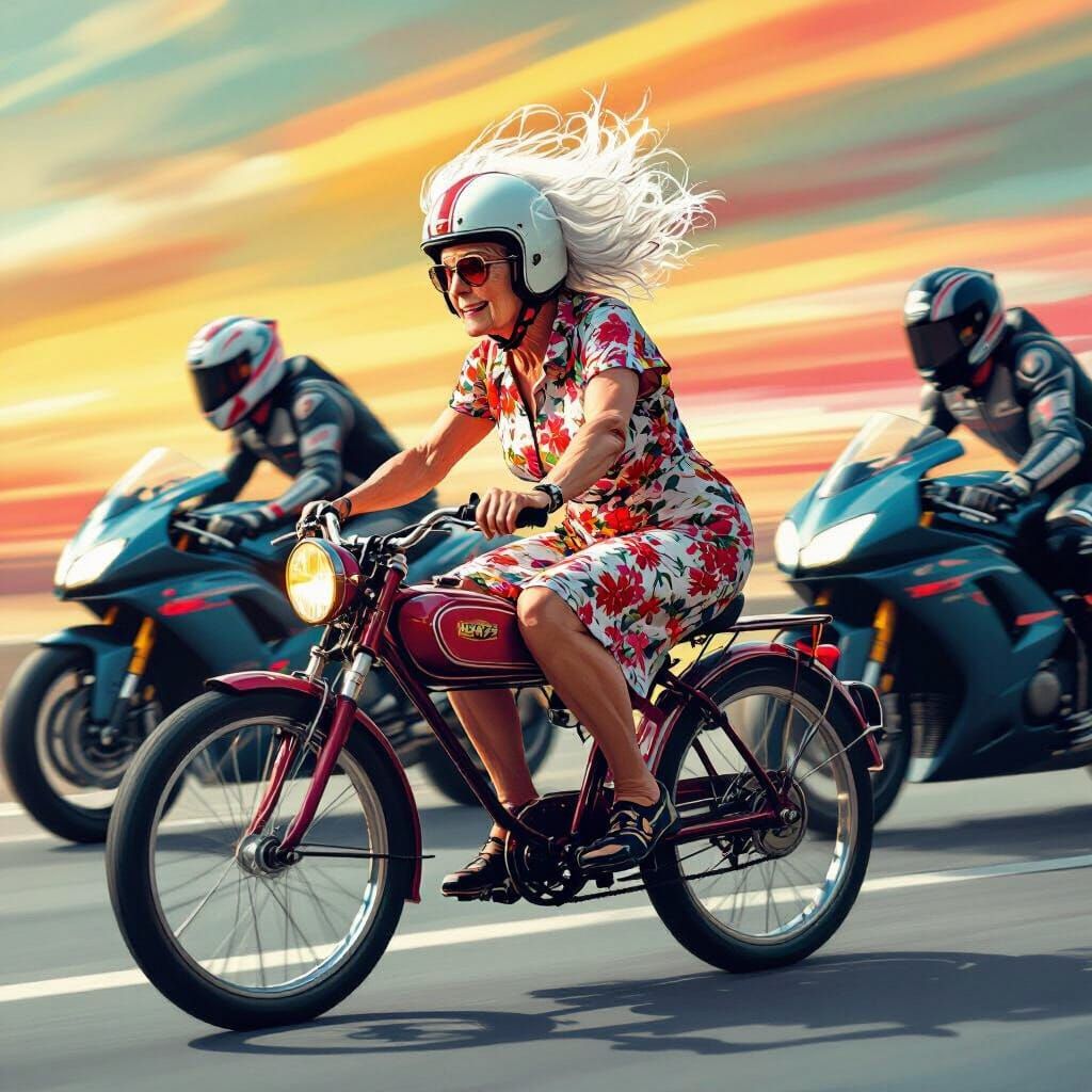 Elderly Cyclist Races Motorcycles in Futuristic Style