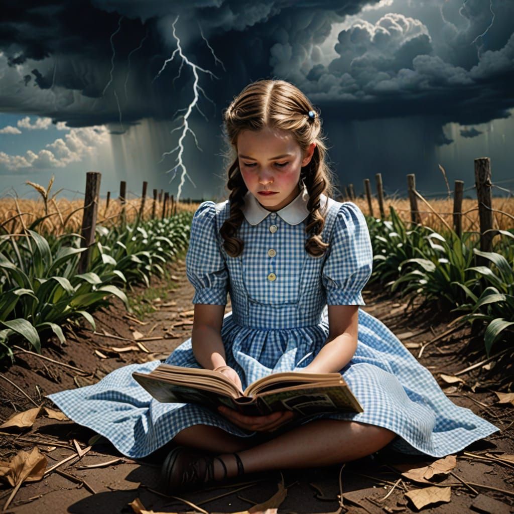 Little Girl Reads Wizard of Oz Amidst Whirlwind Tornado