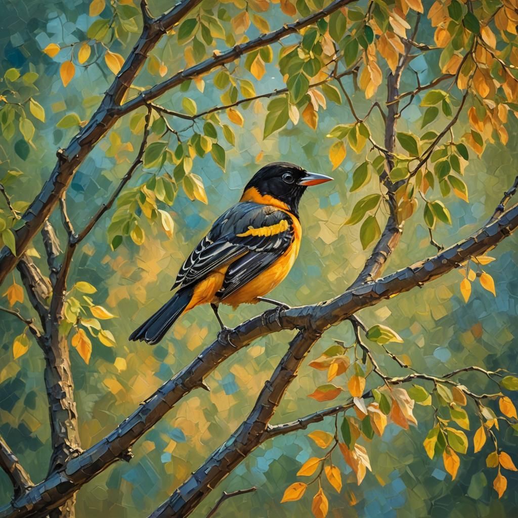 Oriole in Autumn Foliage as Impasto Oil Painting