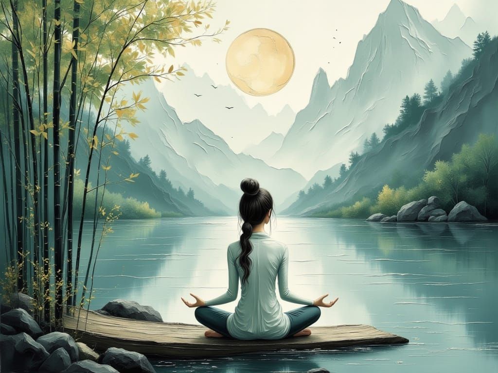 Serene Woman Meditates, Mind Opens to Peaceful Lake Landscap...