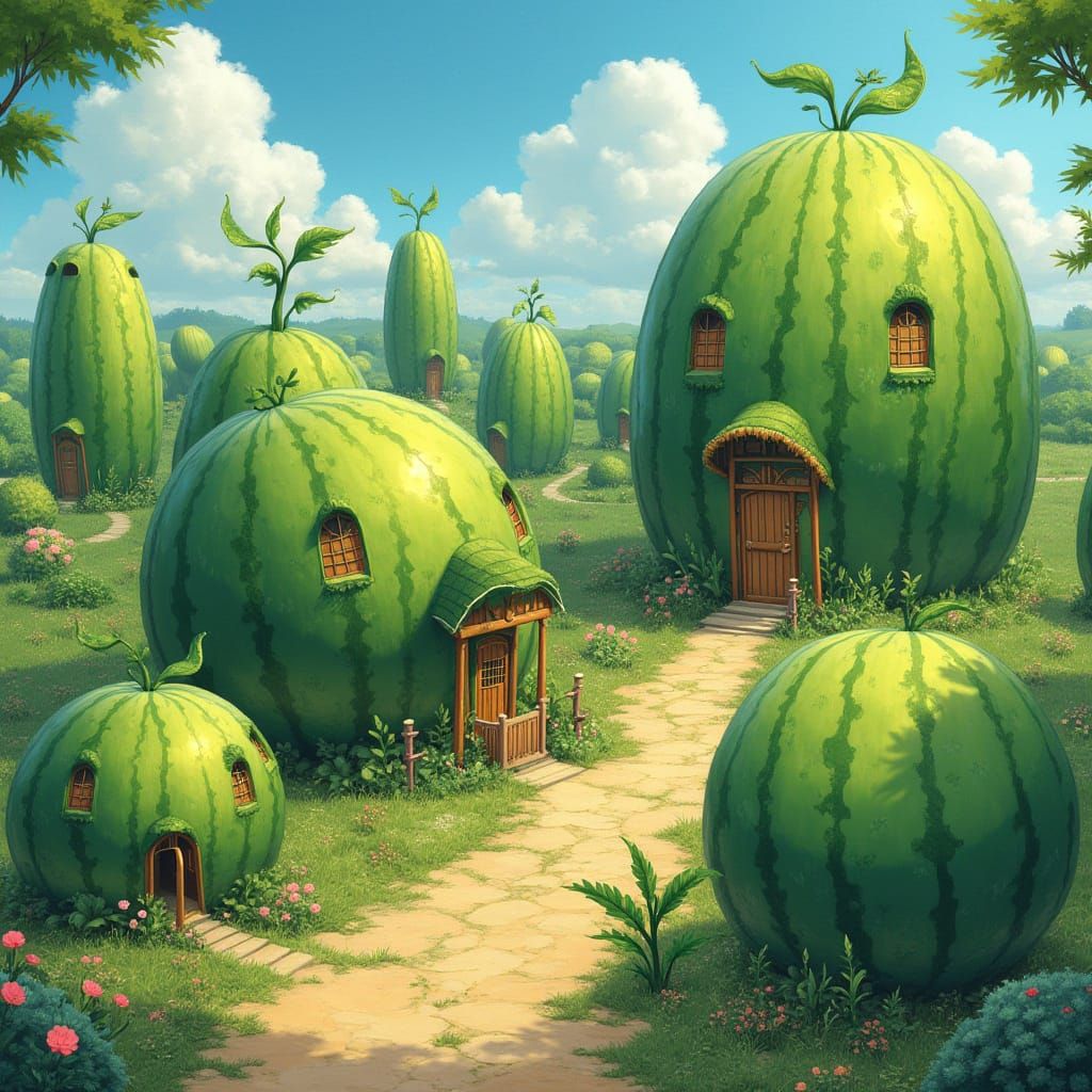 Whimsical Watermelon Village in Animated Style