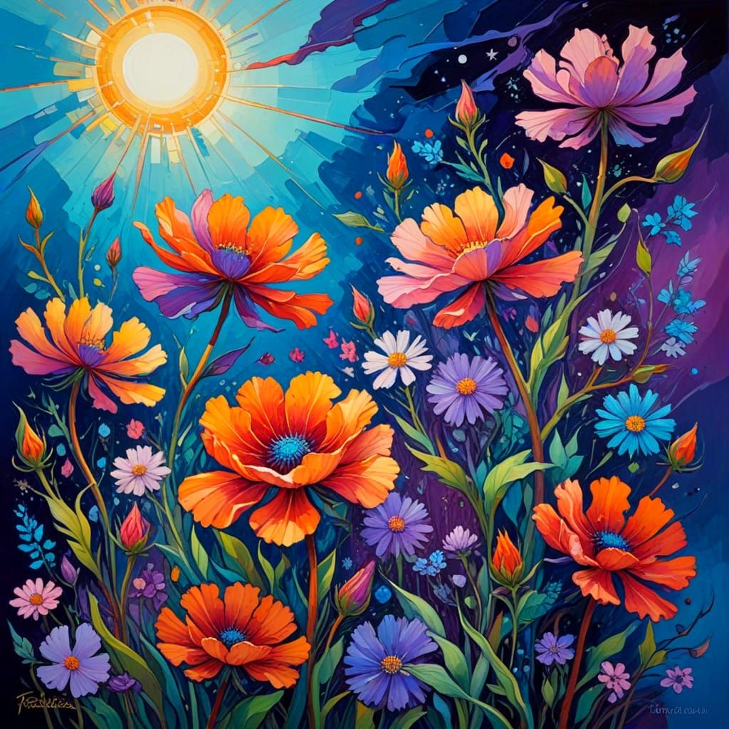 Cosmic Immersion: A Vibrant Floral Oil Painting