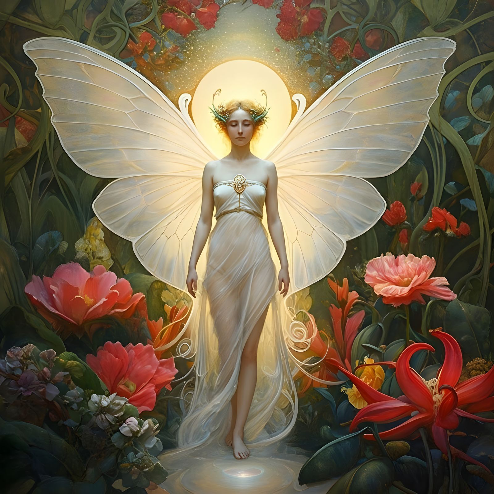 Ethereal Being in Lush Garden with Shimmering Light