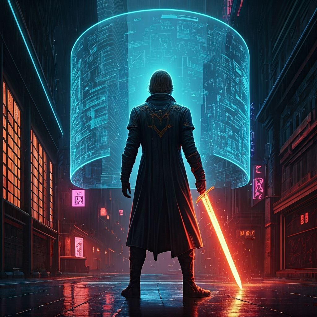 Cyberpunk King Arthur Leads Resistance in Neon City