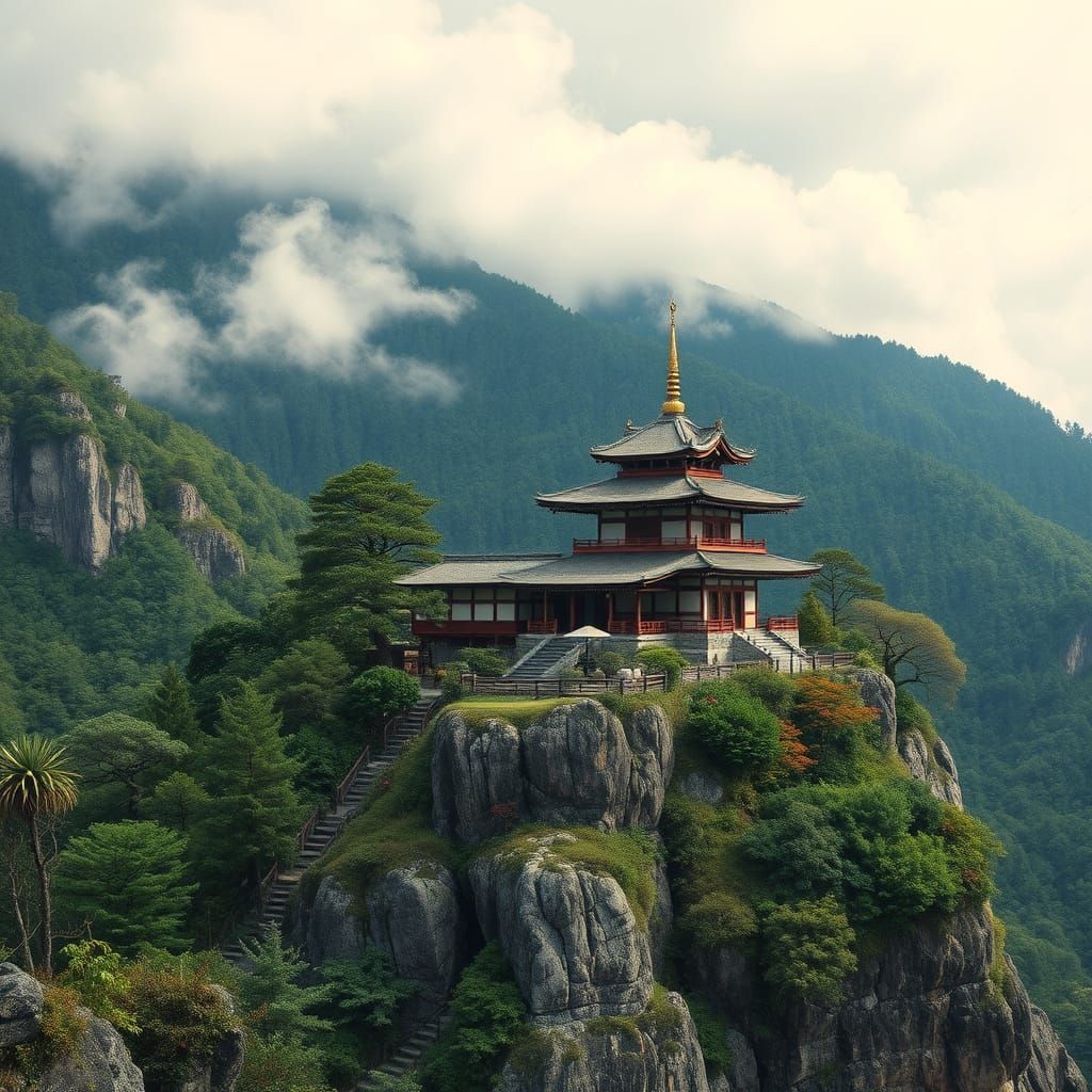 Mountain Temple in Japanese Art Style