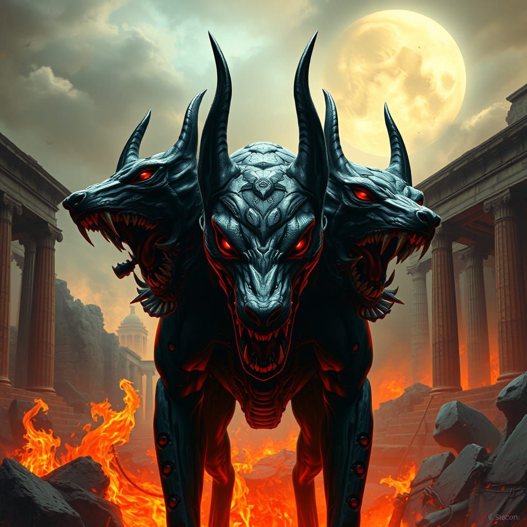 Three-Headed Guardian of the Underworld in Dark Surrealist S...