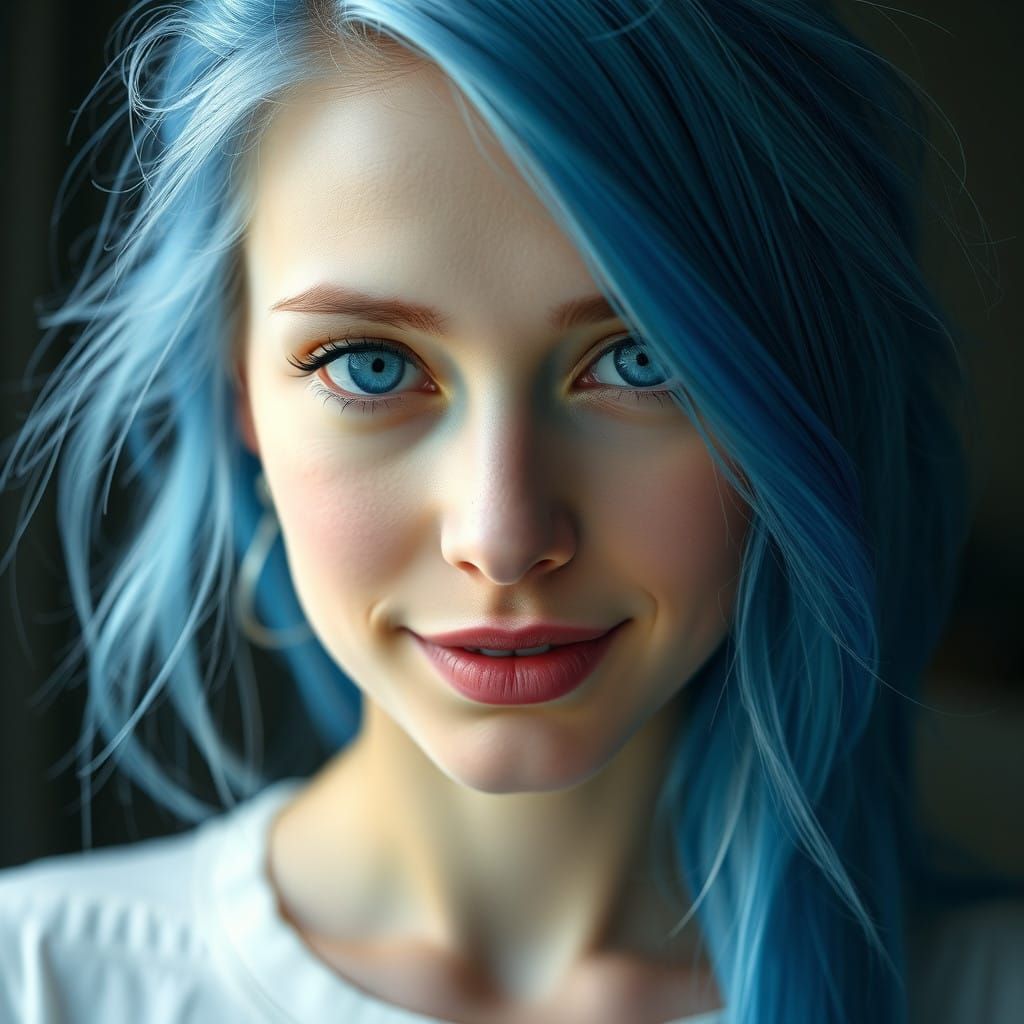 Woman in Blue Haired Profile with Half-Body Pose