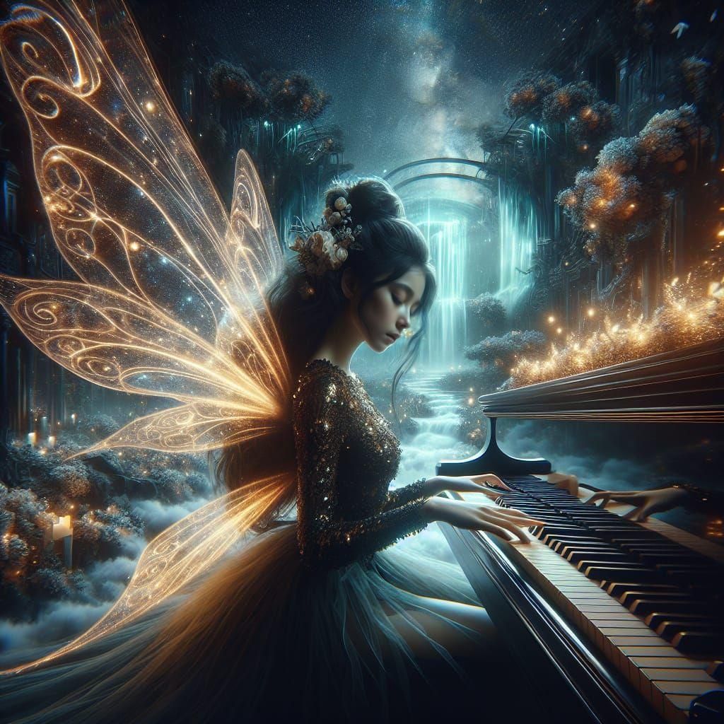 Noir Fairy Playing Piano in Dreamy Garden