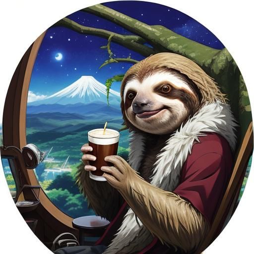 Sloth Sipping Coffee in Anime Style