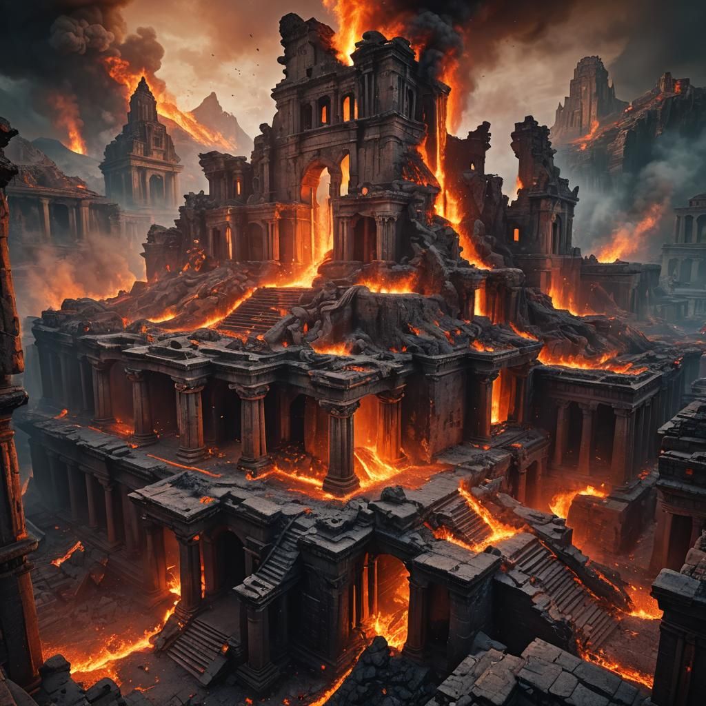 Inferno Engulfs Ancient Ruins in Cinematic Art