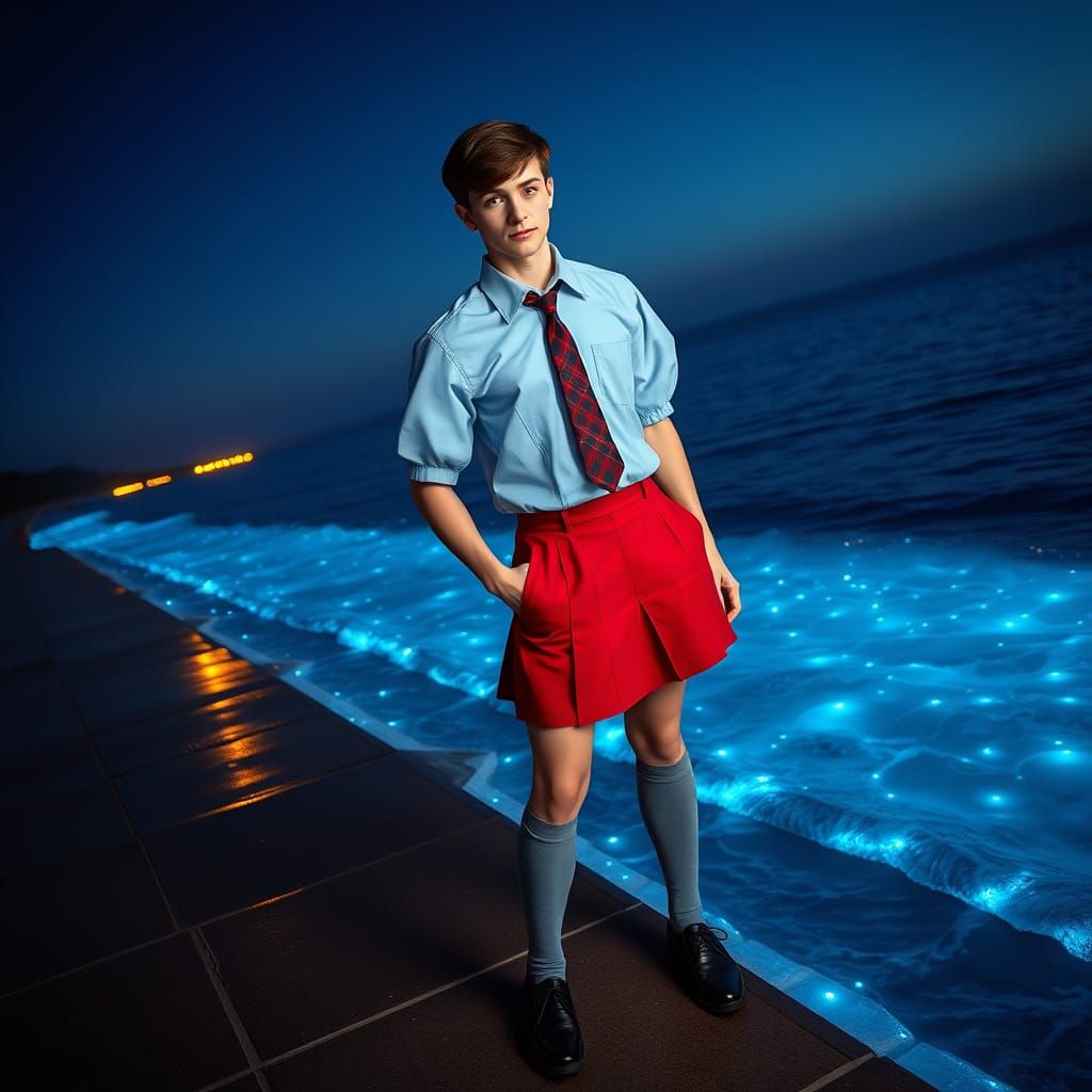 Confident Man Crossdressing by Bioluminescent Sea, Art Nouve...