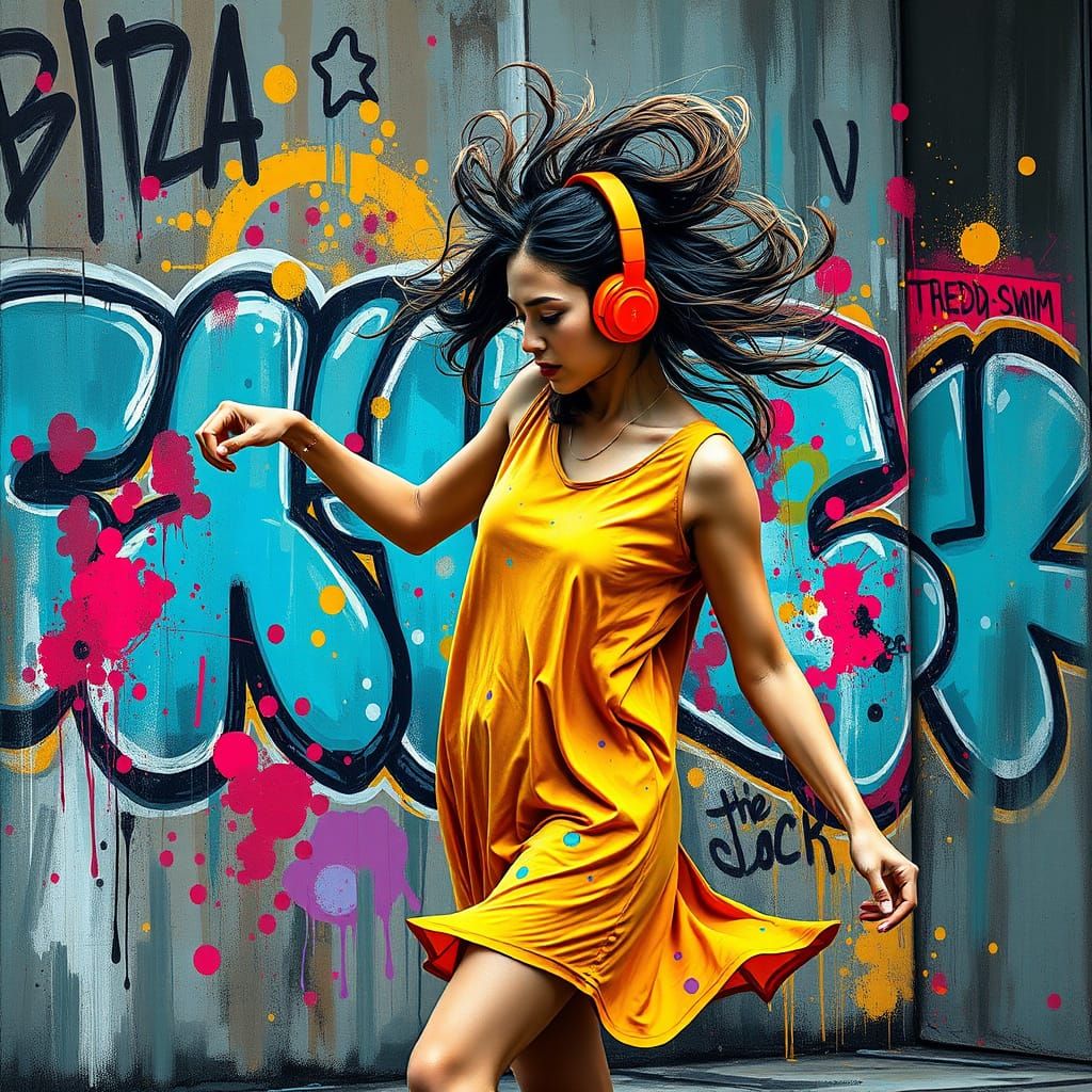 Vibrant Young Woman Dances in Graffiti-Laden Urban Landscape