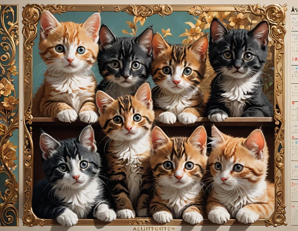 Kittens in 50's Style Calendar, Hyperrealistic Digital Art