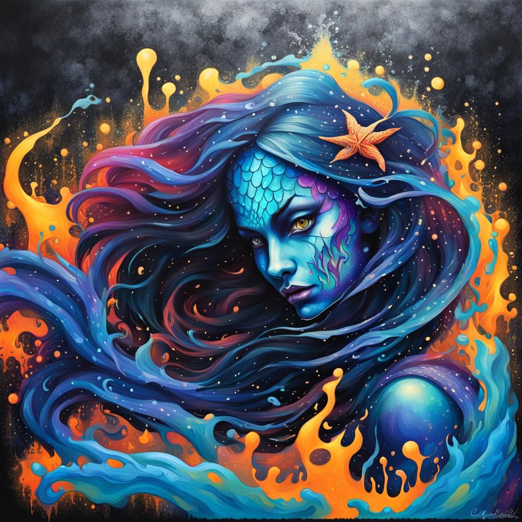 Fiery Evil Mermaid in Graffiti Art Style