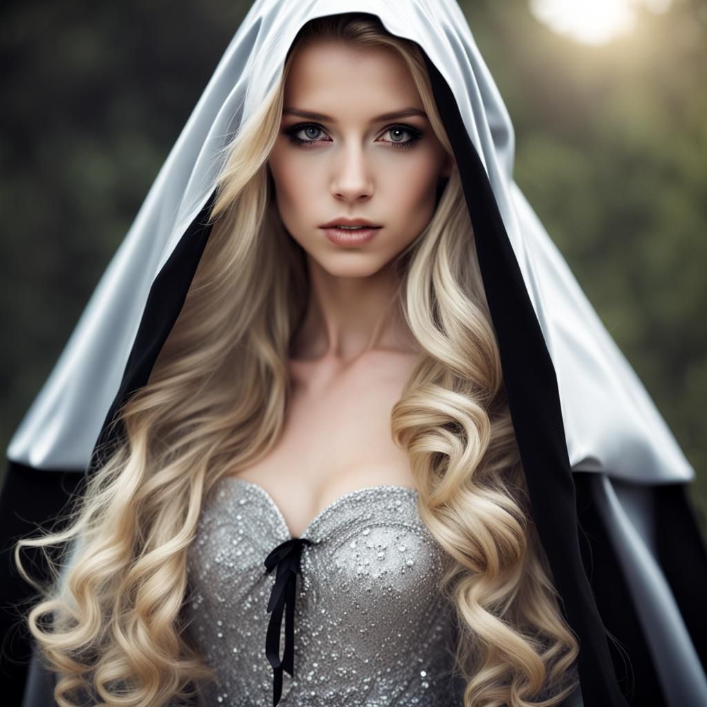 Blonde Woman in Silver Dress and Cloak